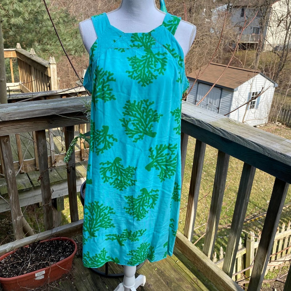 Escapada Aqua Blue & Green Coral Print Sleeveless Dress Medium
